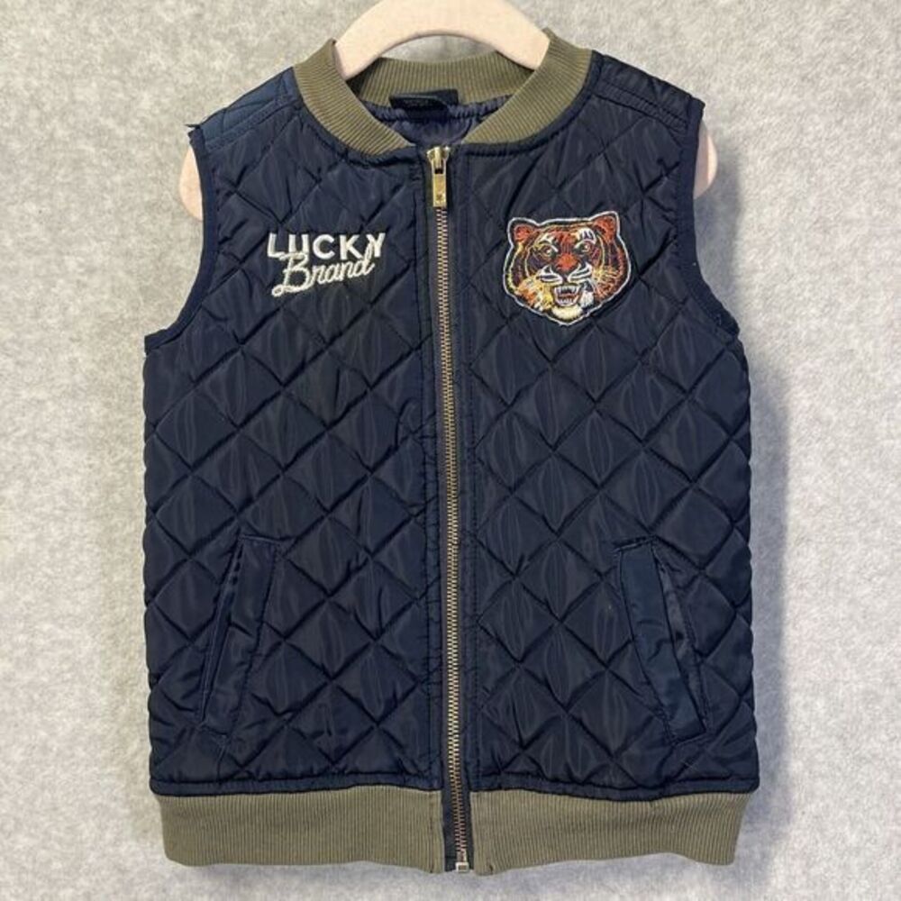 LUCKY BRAND Blue Quilted FULL ZIP VEST Toddler KIDS 4T Embroidered TIGER Pockets